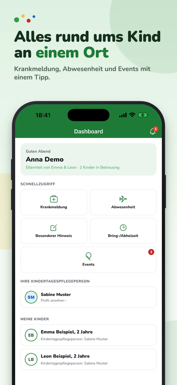 Lebenswerk-App: Startseite für Eltern mit Schnellzugriff